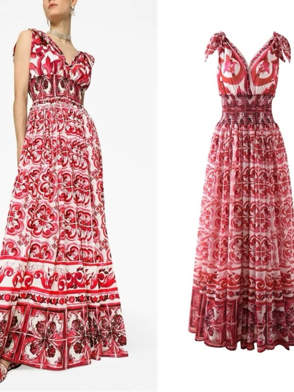 Designer-style Red Majolica Print Chiffon Maxi Dress